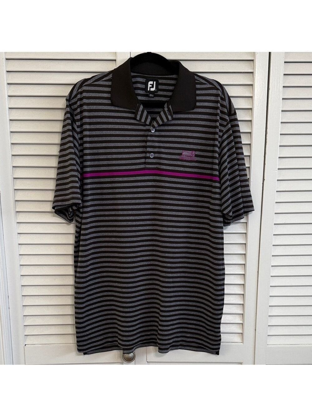 FootJoy Men’s Black & Gray Striped Polo with Purple Chest Stripe